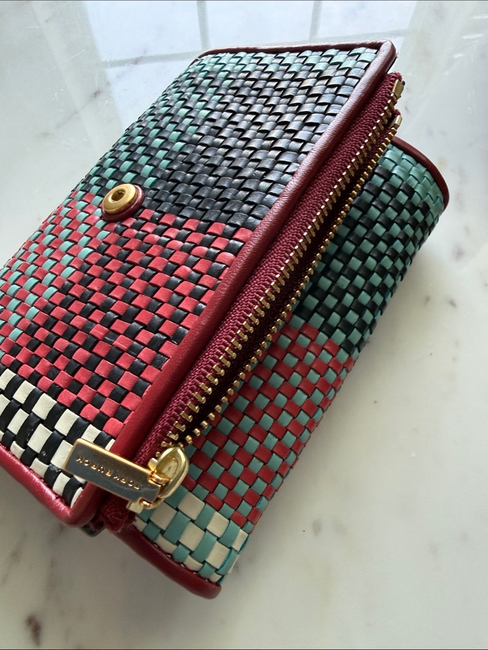 Tory Burch Woven Checker Compact Wallet - Red, Teal & Black - Picture 7 of 12